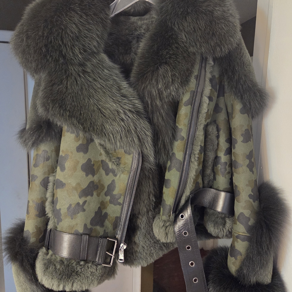 Camouflage Shearling And Fox Fur-Trimmed Jacket
